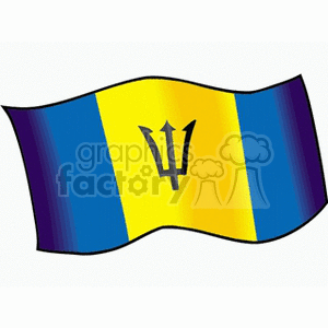 The clipart image shows a flag that has a vertical tri-band of ultramarine (outer bands) and gold with a black trident head centered on the gold band. This design is characteristic of the national flag of Barbados.