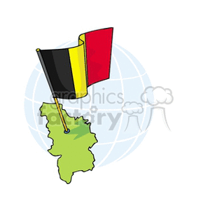 This clipart image depicts a stylized globe with a focus on a green-outlined map of Belgium in the forefront. Hovering above the map of Belgium is the Belgian flag, which consists of three vertical stripes: black, yellow, and red.