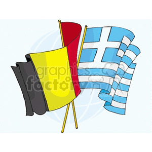 The image contains two animated flags crossed over each other against a stylized background. The flag on the left represents Belgium with its three vertical bands of black, yellow, and red. The flag on the right represents Greece with its recognizable blue and white horizontal stripes and a white cross on a blue square in the canton area.