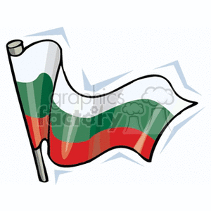 The clipart image depicts a stylized version of the Bulgarian flag on a flagpole. The flag consists of three horizontal stripes of white, green, and red.