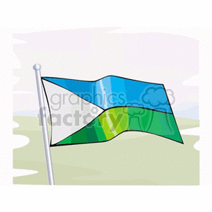 The image is a clipart representation of the flag of Djibouti. It features two horizontal bands of light blue and green, with a white isosceles triangle at the hoist bearing a red star. The background appears to be a stylized, abstract landscape.