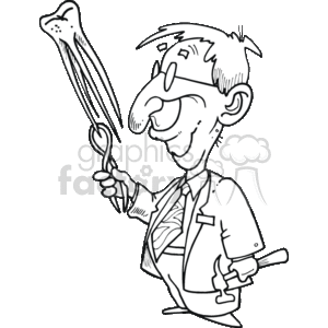 The clipart image depicts a caricature of a dentist. The dentist is wearing a lab coat and is holding oversized dental instruments: a tooth extraction forceps in one hand and a dental mirror in the other. The dentist has a large nose, is smiling, and appears ready to perform dental procedures.