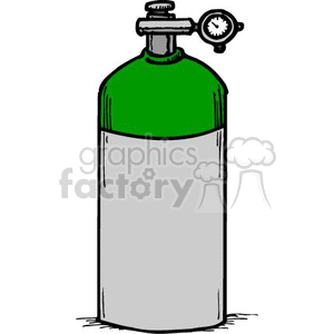 Clipart image of a gray and green oxygen cylinder with a pressure gauge on top.