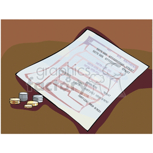 Clipart image featuring a document or financial statement laying on a surface, with stacked coins beside it.