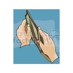 Clipart image of hands holding an open wallet with cash visible.