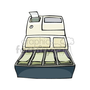 An illustration of an open cash register filled with bills, displaying its compartments and a receipt coming out from the top.