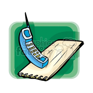 A clipart image depicting a blue cordless phone resting on top of a spiral notebook against a green background.