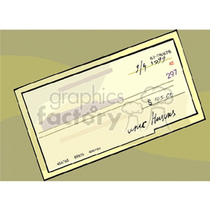 A clipart image of a paper check with handwritten elements, including a signature, date, and amount.