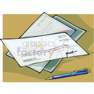 The clipart image shows two signed bank checks and a ballpoint pen placed on a flat surface.