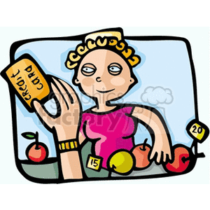 A clipart image of a person holding a credit card, surrounded by various fruits with price tags.