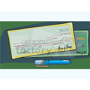 A clipart image depicting a blank check with signatures and a blue pen placed below it.