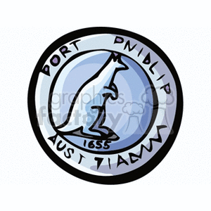 A clipart image featuring a blue coin with a kangaroo in the center. The text around the edge reads 'PORT PHILLIP AUSTRALIA 1655'.