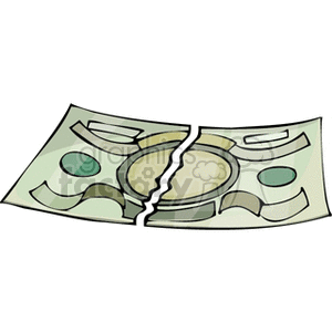 A clipart image of a torn dollar bill. The bill is shown in two pieces, separated down the middle.