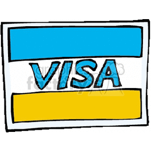 This is a clipart image of a stylized visa card with blue and yellow horizontal bands and the word VISA displayed prominently in the center.