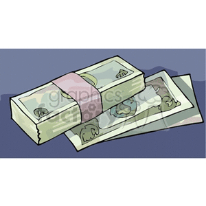 A clipart image of a stack of paper currency. One bundle is secured with a pink band, and the other stack lies underneath.
