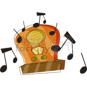 The clipart image features a stylized representation of a vintage radio. The radio has a brown-orange casing with spots that might be intended as design elements or knobs. The speaker grill is indicated by a grid pattern on the upper part of the radio's face. There are three visible buttons or dials below the speaker, and the radio appears to be standing on a surface with a striped pattern, possibly a table or stand. Surrounding the radio are black musical notes, suggesting that music is playing.