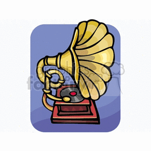 A colorful clipart image of a vintage gramophone with a horn speaker and a record on the turntable.