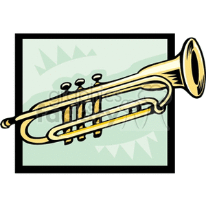 Illustration of a brass trumpet on a decorative background.