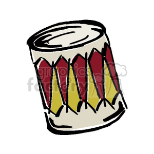 A colorful clipart image of a drum with a red and yellow pattern.