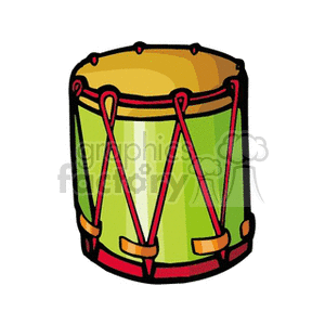 Clipart image of a green and brown drum with red ropes, representing a percussion instrument.