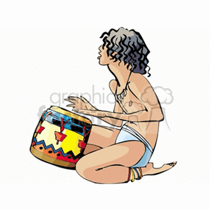 A person playing a colorful bongo drum in a seated position.