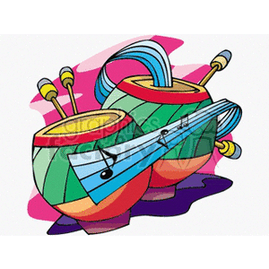 Colorful clipart of two stylized drums with drumsticks and musical notes.