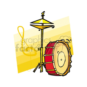 Colorful clipart of a drum set with a red bass drum and yellow cymbals on a stand, alongside a treble clef symbol.