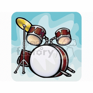 A clipart image of a drum set with drums and cymbals against a stylized background.