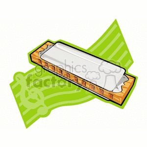 Clipart image of a harmonica with a music note background.