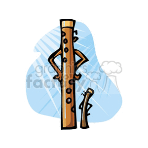 Cartoon illustration of two wooden flutes with arms, one larger and one smaller, set against a blue background.