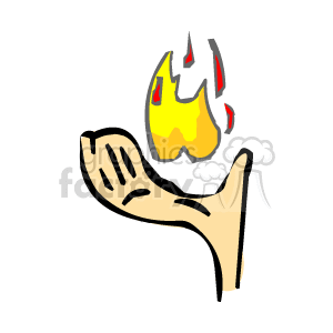 The clipart image features a stylized representation of a hand with a flame above it. The hand appears to be in a gesture that suggests holding or presenting the flame. There are small red and yellow shapes above the flame that may represent sparks or small embers.