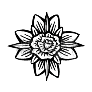 The clipart image depicts a stylized, symmetrical, black and white drawing of a flower with multiple layers of petals. The design is intricate, with the petals featuring additional detailing suggesting depth and texture.