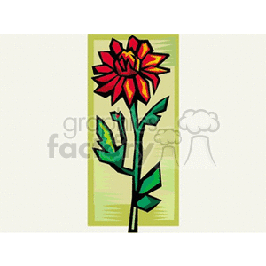 Colorful clipart image of a red and yellow flower with green leaves on a light green background.