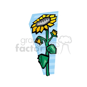 Clipart image of a stylized sunflower with bright yellow petals and green leaves.