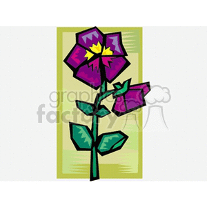 A colorful clipart illustration of a stylized purple flower with green leaves against a rectangular background.