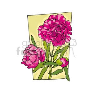 Clipart illustration of pink flowers on a green background.