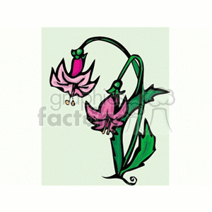 Clipart illustration of stylized pink flowers with green leaves.