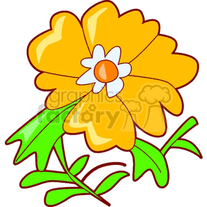 A colorful and bright clipart image of a yellow flower with green leaves.