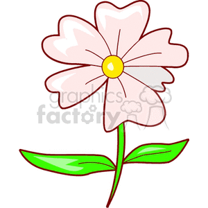 A simple clipart image of a stylized pink flower with a yellow center and green leaves.