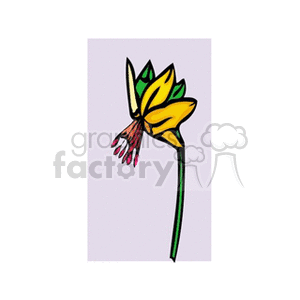 A colorful clipart image of a stylized yellow flower with a green stem and red stamen.