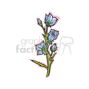 A clipart image of blue bell-shaped flowers with green stems and leaves.