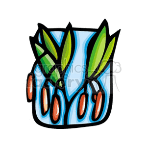 Clipart image of stylized flowers with green leaves in a blue vase.