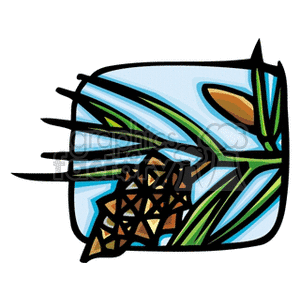 Stylized clipart of a pine tree branch with a pinecone.