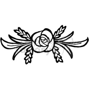 The image depicts a black and white clipart of a floral arrangement that includes a central rose, flanked by what appears to be leaves and possibly wheat or some other type of grain. The rose is in full bloom and sits in the middle of the composition, with ribbon-like details extending outward from either side of the flower.
