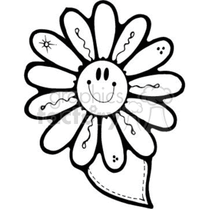 A black and white clipart image of a smiling daisy flower with detailed petals and a single leaf.