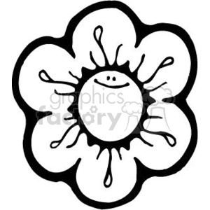 A black and white clipart image of a smiling flower with petal design.