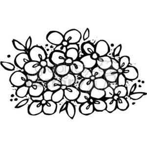 Black and white clipart illustration of a cluster of daisies with leaves.