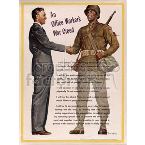 A vintage poster titled 'An Office Worker's War Creed' featuring a businessman in a suit shaking hands with a soldier in military uniform. The poster lists commitments for office workers during the war.