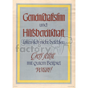 A motivational poster with German text promoting community spirit and helpfulness. The text is printed in a traditional font on a light blue background with a yellow border.
