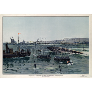 This clipart image depicts several naval ships in the process of sinking near a coastline. There are small boats filled with people, likely sailors or soldiers, navigating through the water. The landscape includes distant mountains on the horizon. The image conveys a scene of maritime disaster and rescue operations.